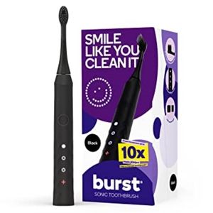 Burst toothbrush, black, and pack of whitening strips